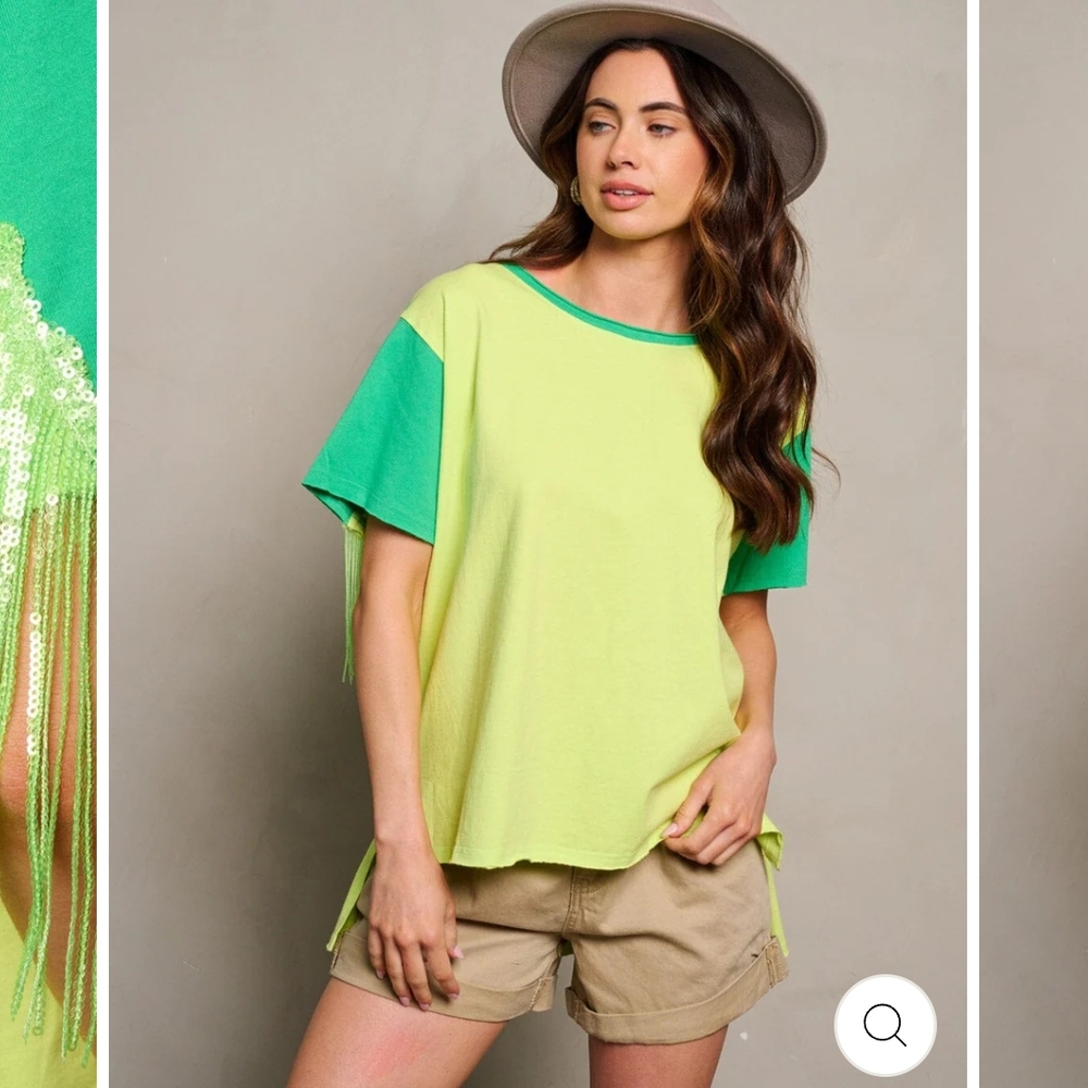 FANTASTIC FAWN Lime Green Colorblock Top With Sequin Fringe VARIOUS - Picture 3 of 4